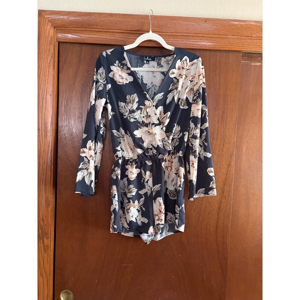 Lulus Floral Long Sleeve Romper Navy Beige Surplice Women’s XS
